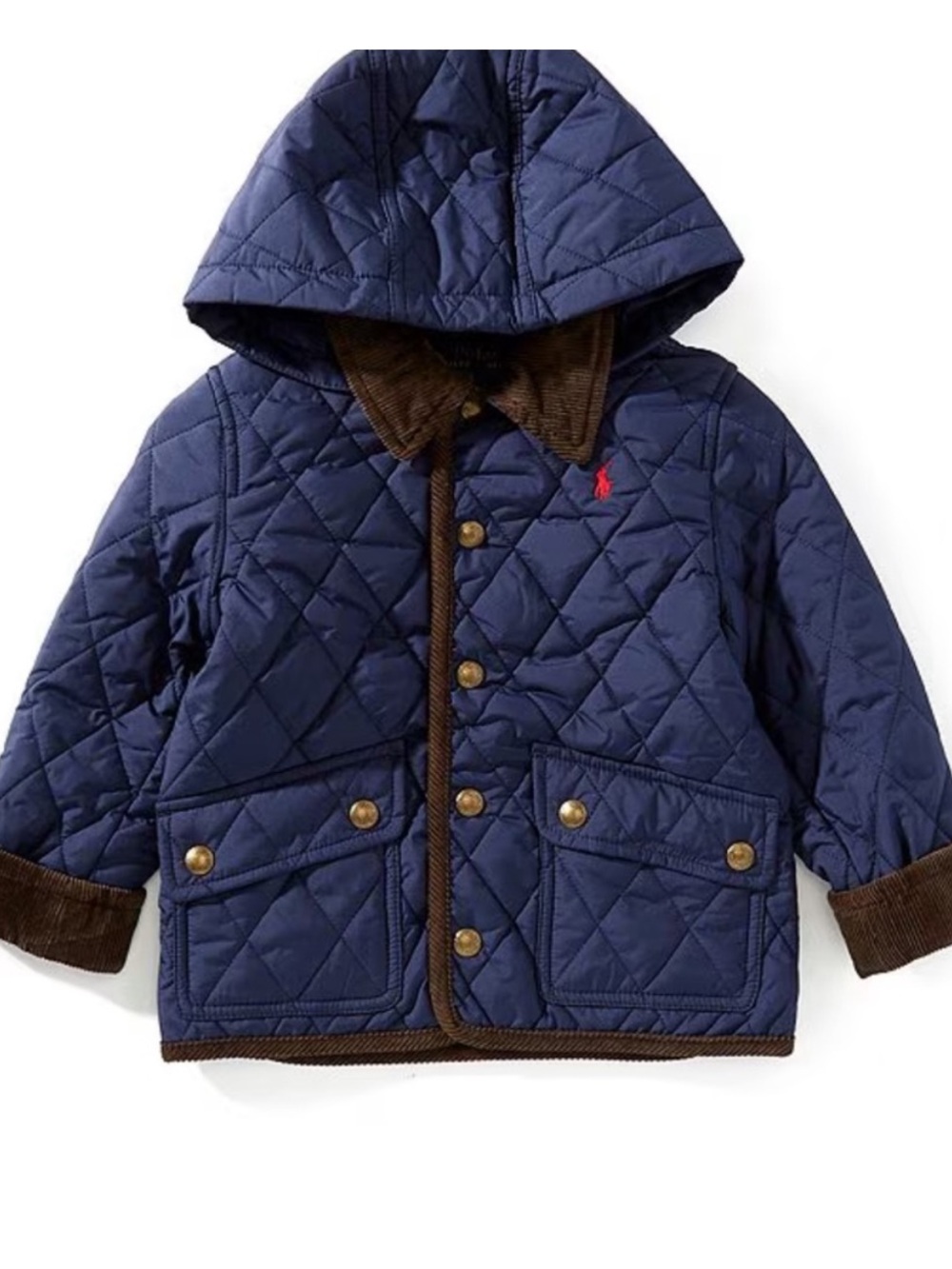 Ralph Lauren Quilted Navy Hooded Jacket with Brown Trim